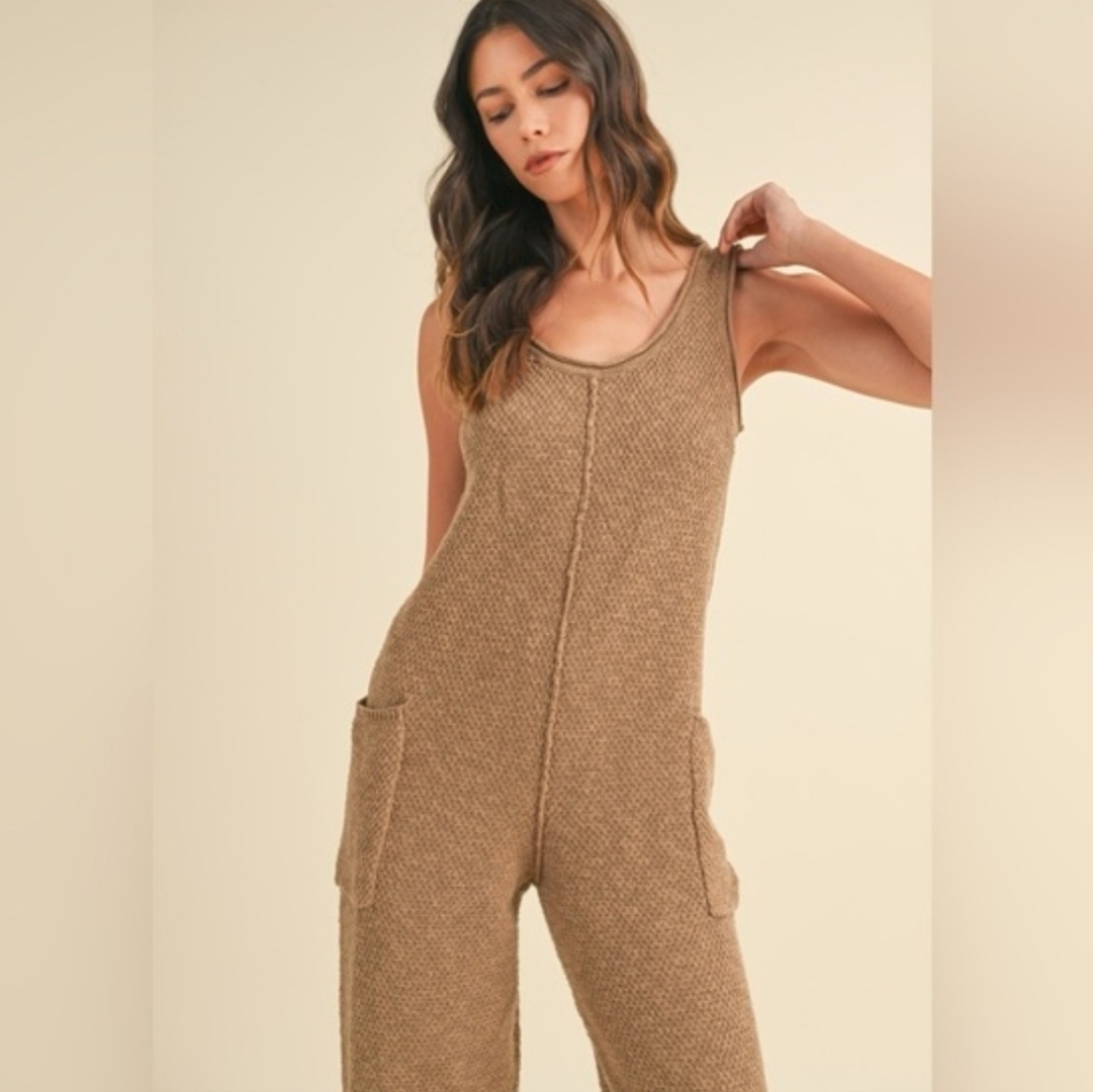 MABLE Sleeveless Knit Crop Urban Hippie Boho Jumpsuit Pockets Mocha Brown Medium - Picture 3 of 14